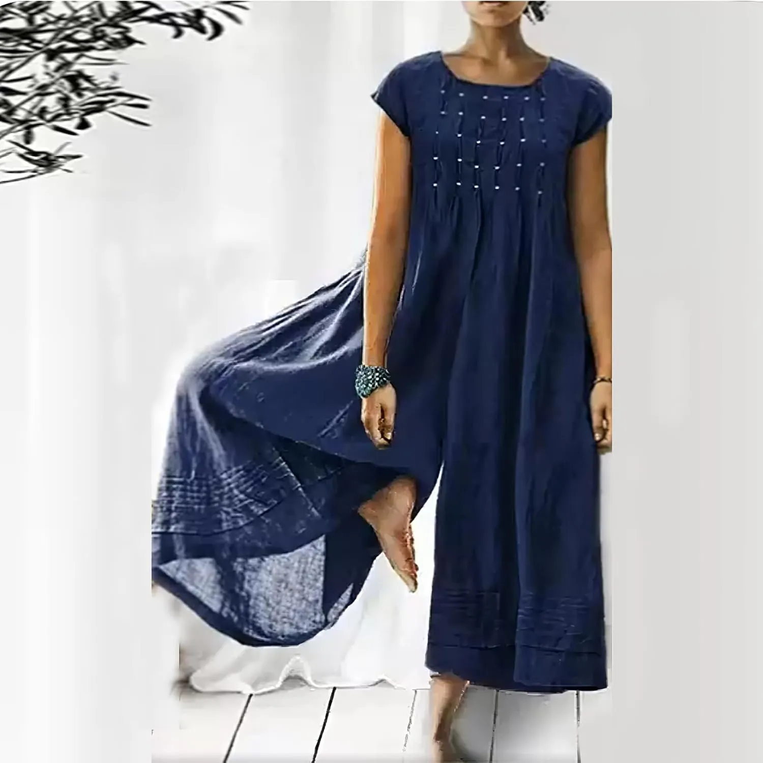 Akivide Women's Loose Cotton Linen Wide Leg Jumpsuits Casual Summer Short Sleeve Long Pants Rompers