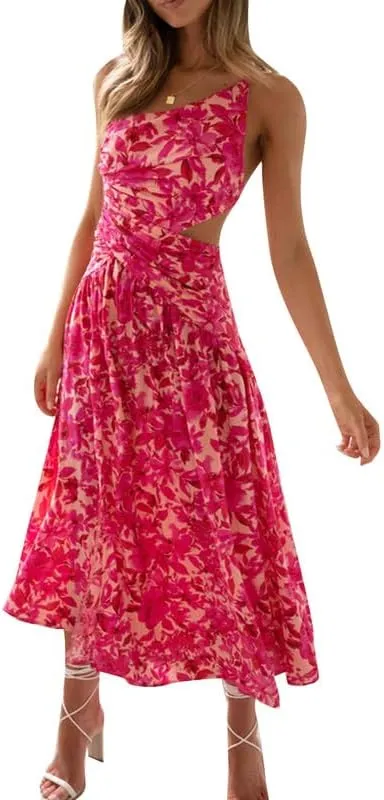 Argeousgor Women One Shoulder Midi Dress Y2K Pleated Bodycon Long Dresses Asymmetrical Ruffle Cocktail Evening Party Dress