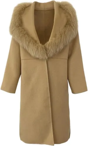Autumn Winter Jacket Natural Real Fox Fur 100% Blends Wool Coat Women Loose Outerwear Casual Outerwear Streetwear (Medium,Khaki)