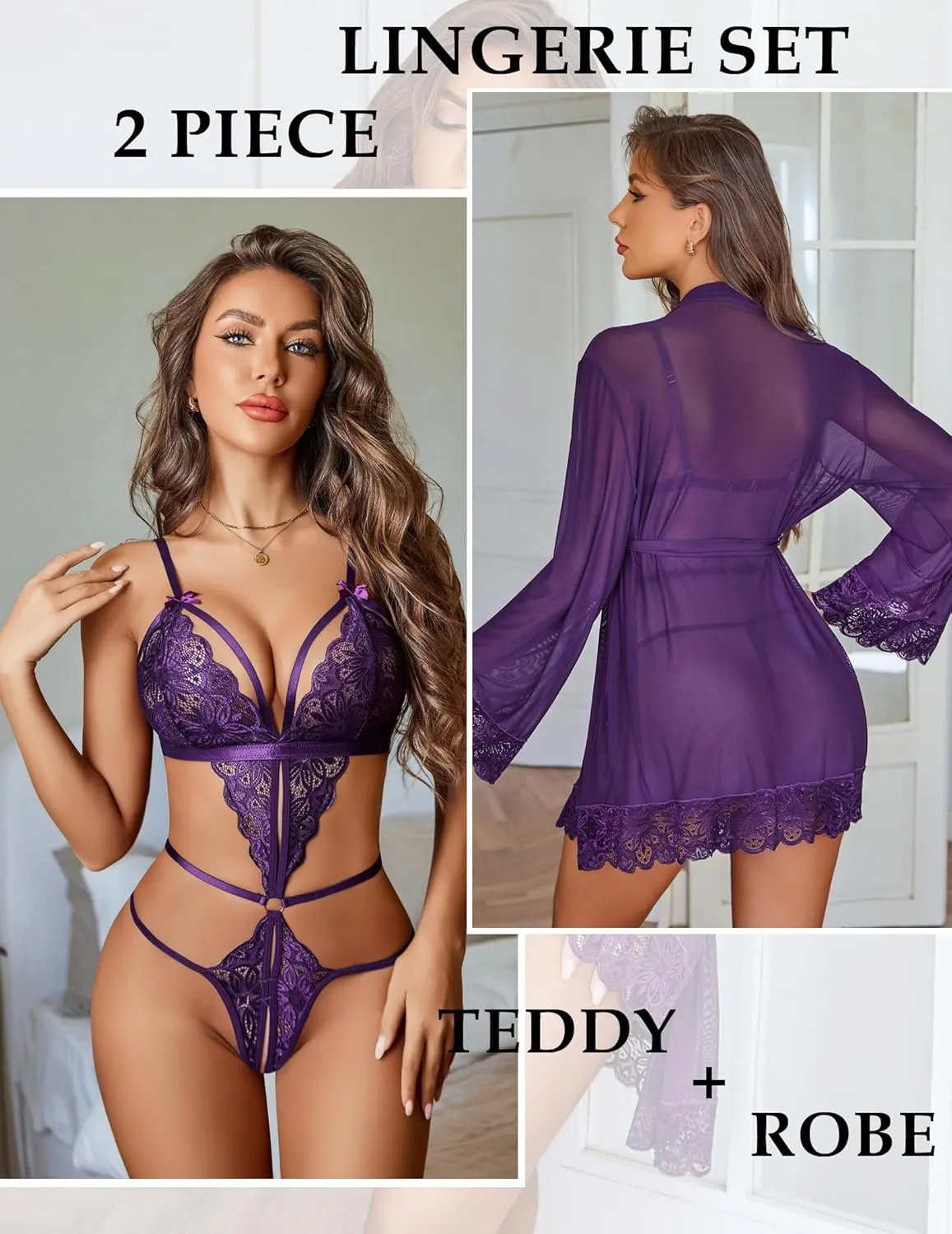 Avidlove Women Sexy Lingerie Set 2 Piece Lace Teddy with Mesh Kimono Robe Bodysuit Nightgown