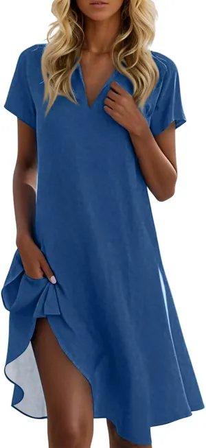 Azeralia Women's 2025 Summer Short Sleeve Mini Dress Casual Collared V Neck Loose T Shirt Dresses Maxi Dresses