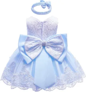 Baby Girls Dress Christening Baptism Party Formal Dress with Headwear