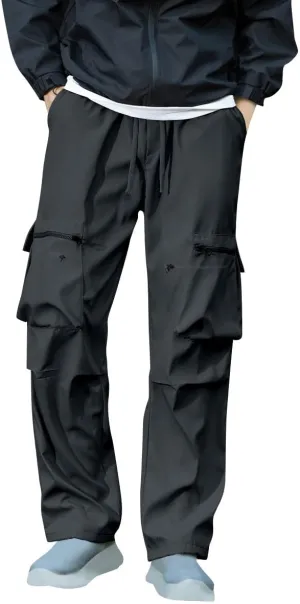 Baggy Cargo Pants Men Multi-Pockets Solid Color Hiking Pants Elastic Waist Drawstring Outdoor Pants Straight Leg Pants