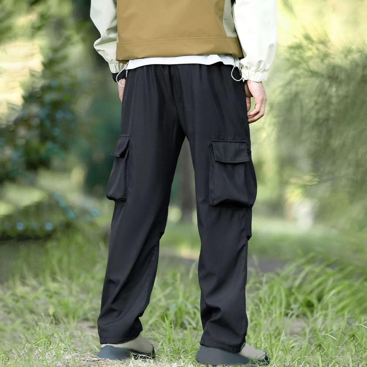 Baggy Cargo Pants Men Multi-Pockets Solid Color Hiking Pants Elastic Waist Drawstring Outdoor Pants Straight Leg Pants
