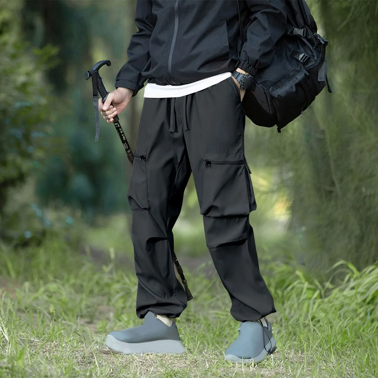 Baggy Cargo Pants Men Multi-Pockets Solid Color Hiking Pants Elastic Waist Drawstring Outdoor Pants Straight Leg Pants