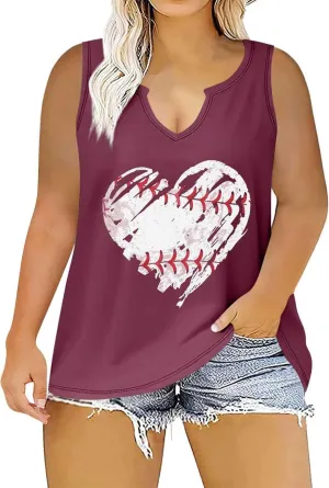 Baseball Heart Printed Womens Tank Tops Plus Size Casual 2025 Summer V Neck Sleeveless T-Shirts Loose Festival Tunic Blouses