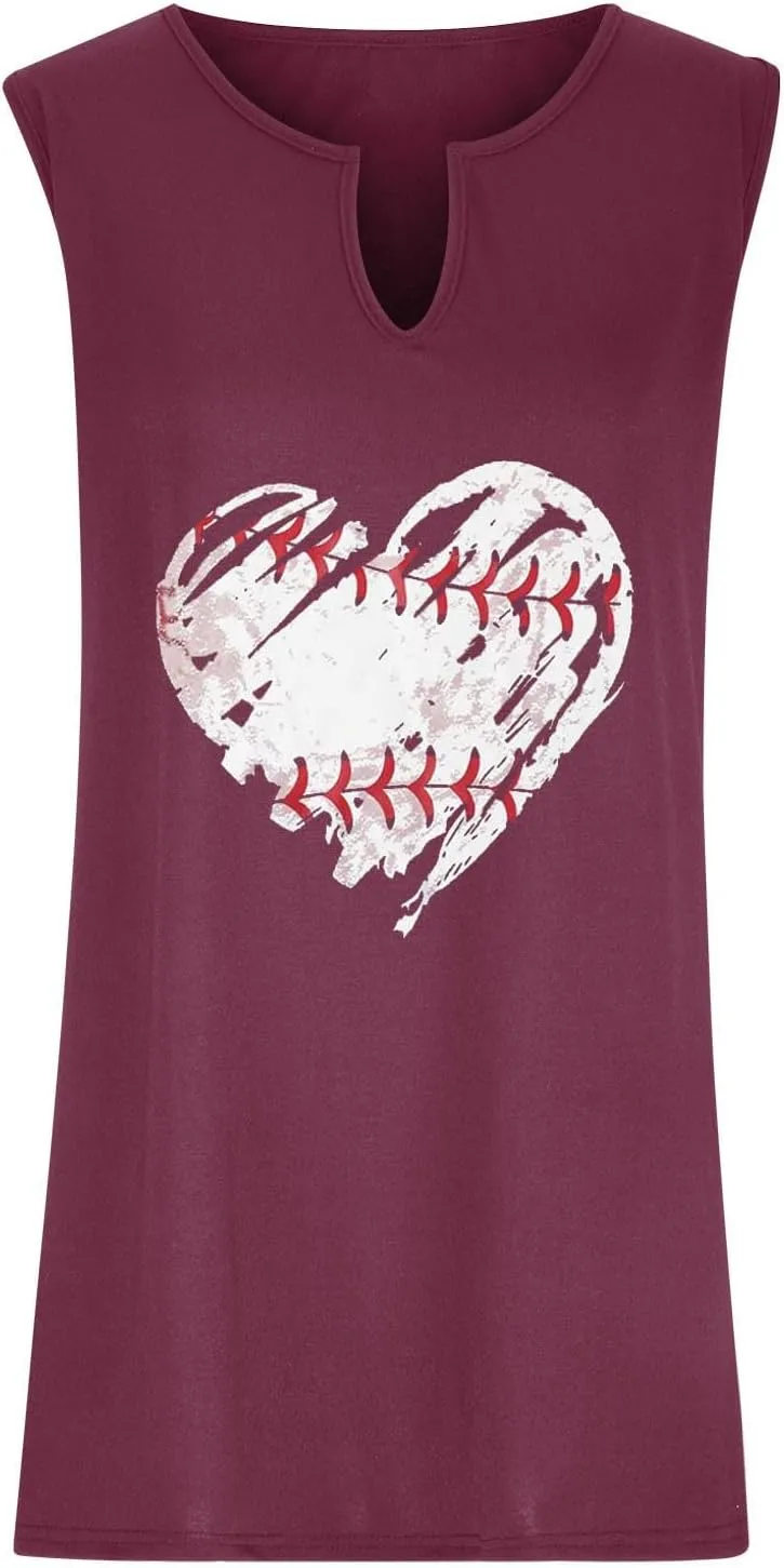 Baseball Heart Printed Womens Tank Tops Plus Size Casual 2025 Summer V Neck Sleeveless T-Shirts Loose Festival Tunic Blouses