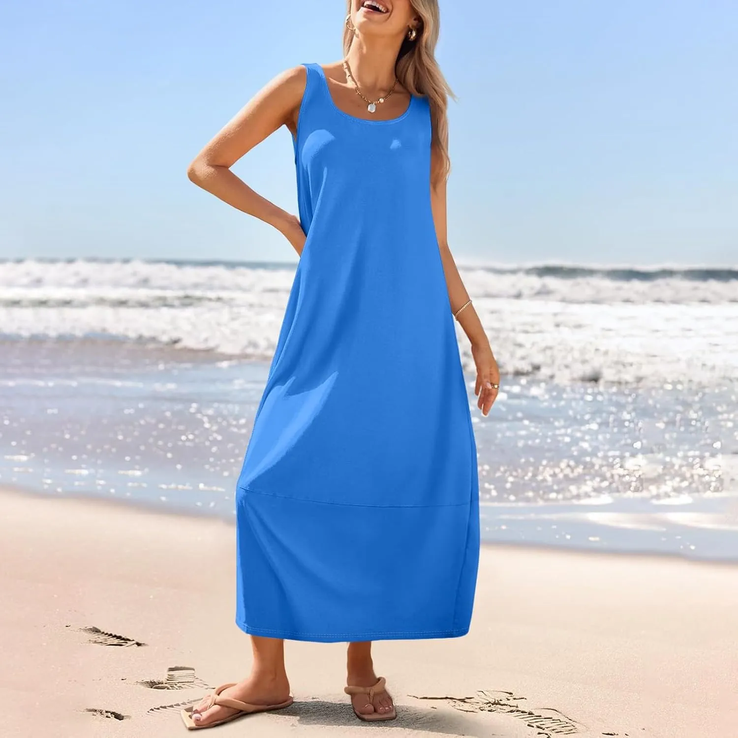 Beach Dresses for Women 2025 Vacation Beach Sleeveless Round Solid Pleated Shift Tank Sundress with Pocket, S-2Xl