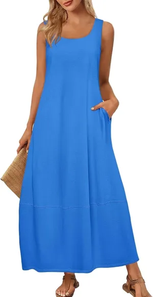 Beach Dresses for Women 2025 Vacation Beach Sleeveless Round Solid Pleated Shift Tank Sundress with Pocket, S-2Xl