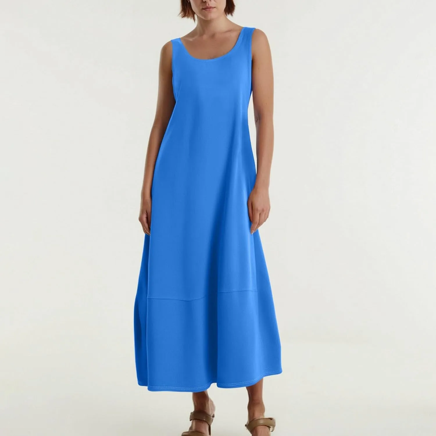 Beach Dresses for Women 2025 Vacation Beach Sleeveless Round Solid Pleated Shift Tank Sundress with Pocket, S-2Xl