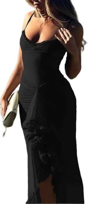 Bodycon Maxi Dress,Cocktail Maxi Dress,Sexy Summer Trendy Party Club Spaghetti Strap Lace Ruched Midi Dress