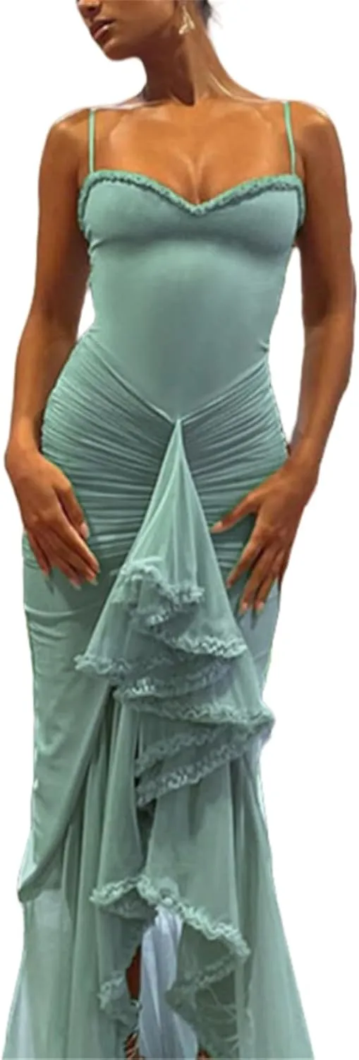Bodycon Maxi Dress,Cocktail Maxi Dress,Sexy Summer Trendy Party Club Spaghetti Strap Lace Ruched Midi Dress