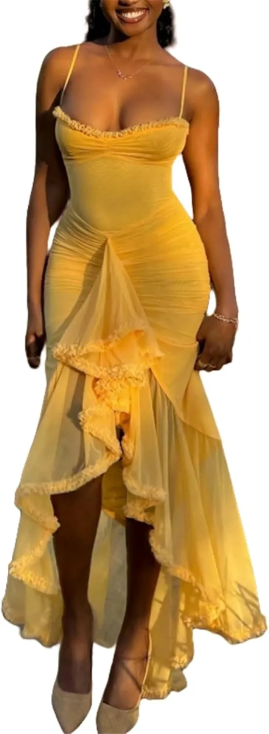 Bodycon Maxi Dress,Cocktail Maxi Dress,Sexy Summer Trendy Party Club Spaghetti Strap Lace Ruched Midi Dress