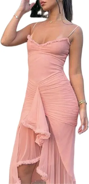 Bodycon Maxi Dress,Cocktail Maxi Dress,Sexy Summer Trendy Party Club Spaghetti Strap Lace Ruched Midi Dress