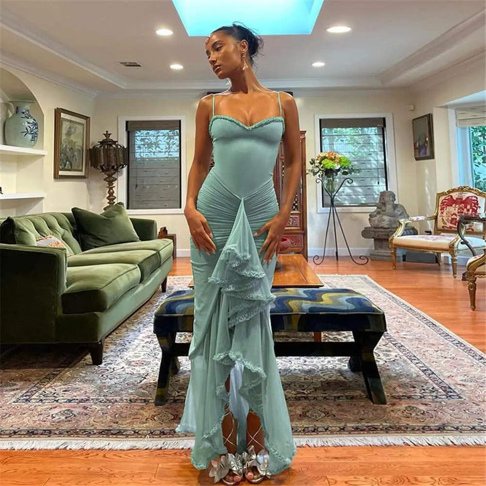 Bodycon Maxi Dress,Cocktail Maxi Dress,Sexy Summer Trendy Party Club Spaghetti Strap Lace Ruched Midi Dress