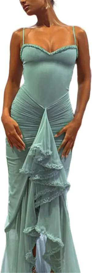 Bodycon Maxi Dress,Cocktail Maxi Dress,Sexy Summer Trendy Party Club Spaghetti Strap Lace Ruched Midi Dress
