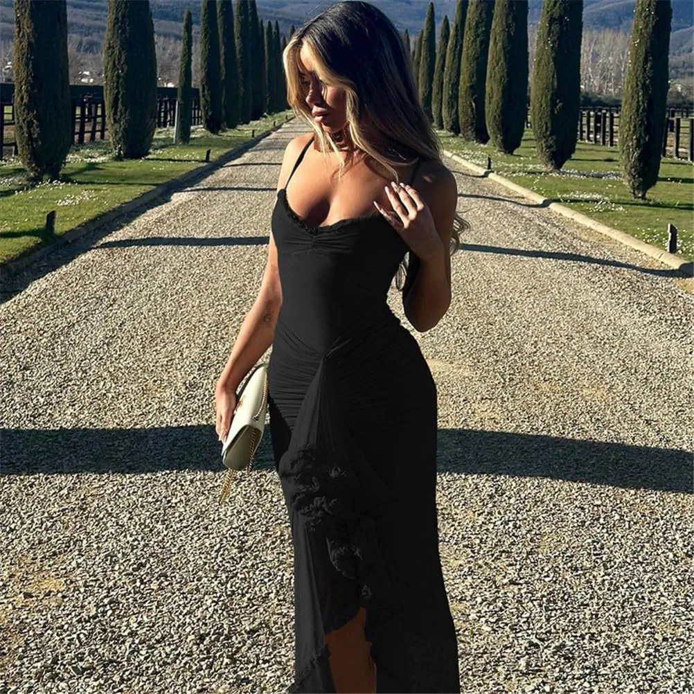 Bodycon Maxi Dress,Cocktail Maxi Dress,Sexy Summer Trendy Party Club Spaghetti Strap Lace Ruched Midi Dress