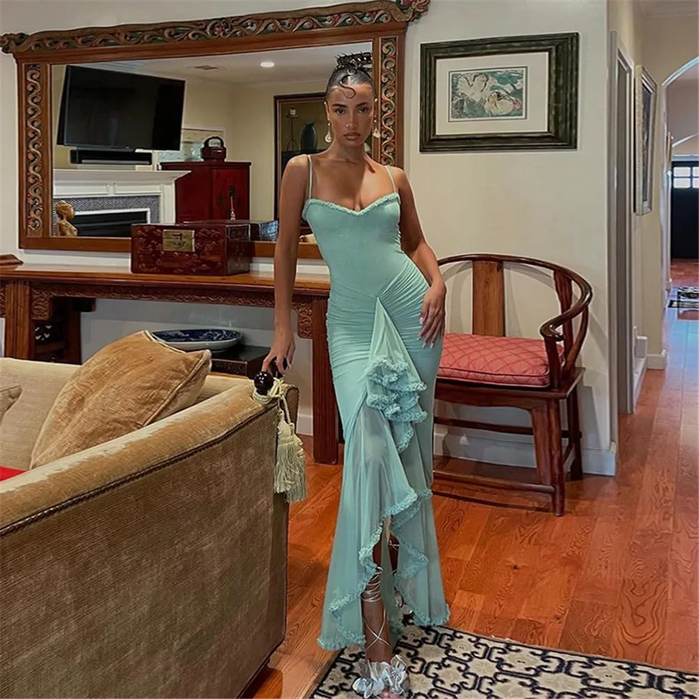 Bodycon Maxi Dress,Cocktail Maxi Dress,Sexy Summer Trendy Party Club Spaghetti Strap Lace Ruched Midi Dress
