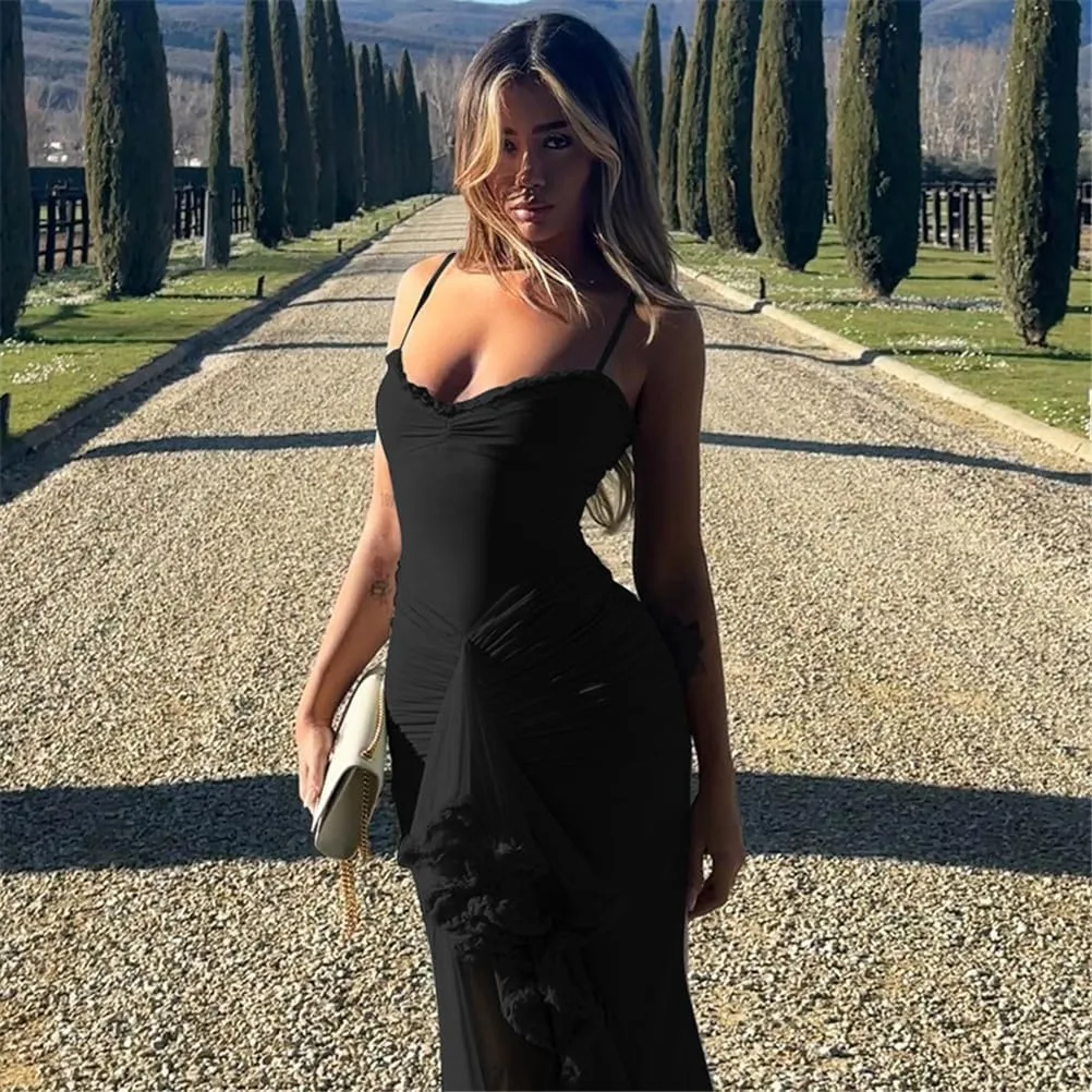 Bodycon Maxi Dress,Cocktail Maxi Dress,Sexy Summer Trendy Party Club Spaghetti Strap Lace Ruched Midi Dress