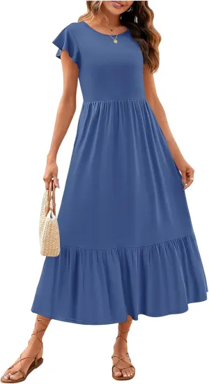 Boho Dresses for Women Summer A Line Midi Dress Flowy Tiered Beach Long Sundress Ruffle Cap Sleeve Vacation Dress
