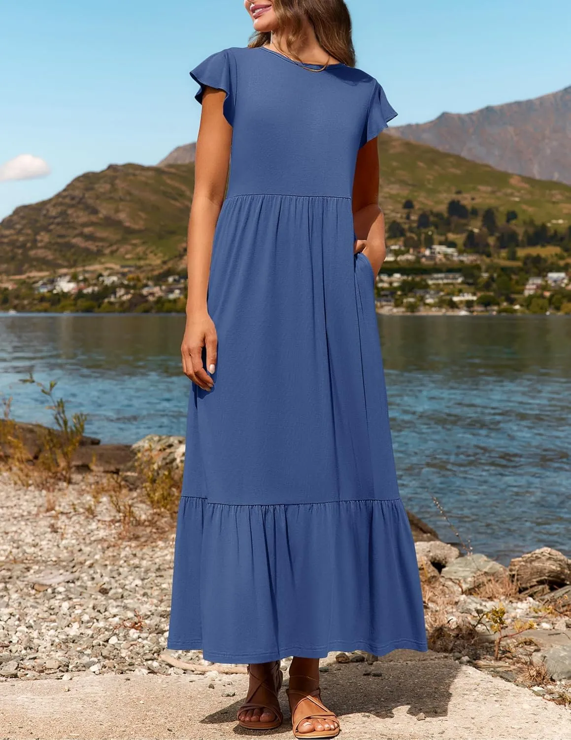 Boho Dresses for Women Summer A Line Midi Dress Flowy Tiered Beach Long Sundress Ruffle Cap Sleeve Vacation Dress