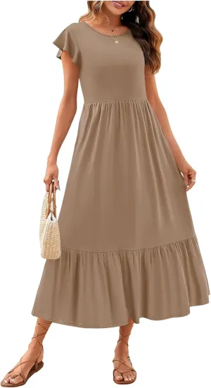 Boho Dresses for Women Summer A Line Midi Dress Flowy Tiered Beach Long Sundress Ruffle Cap Sleeve Vacation Dress