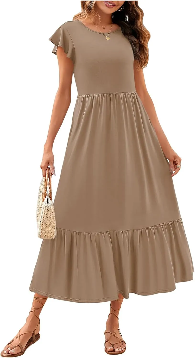 Boho Dresses for Women Summer A Line Midi Dress Flowy Tiered Beach Long Sundress Ruffle Cap Sleeve Vacation Dress
