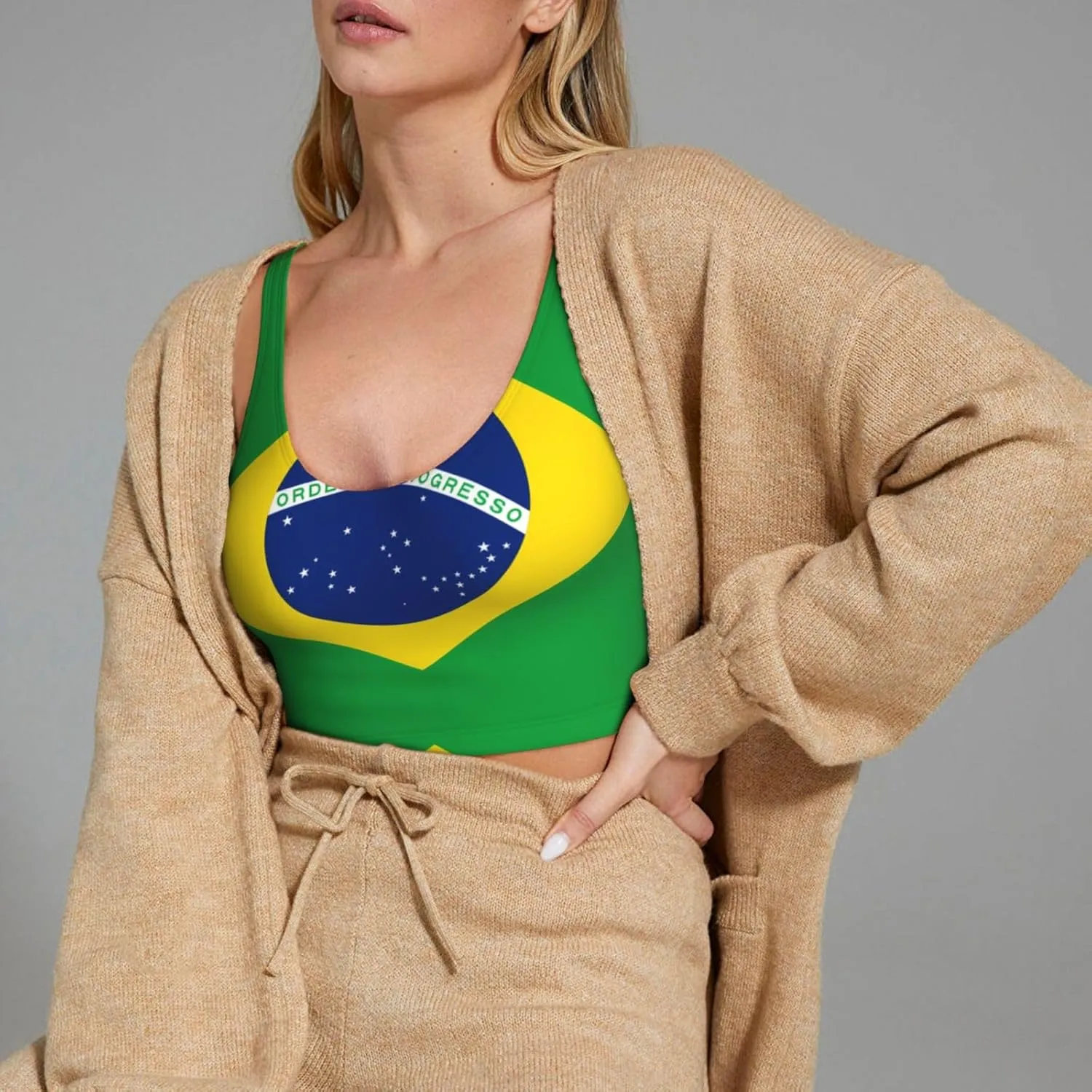 Brazilian Flag Women's Sexy Sports Vest Sleeveless Athletic Gym T-Shirts Vest U-Shaped Back Quick Dry Top