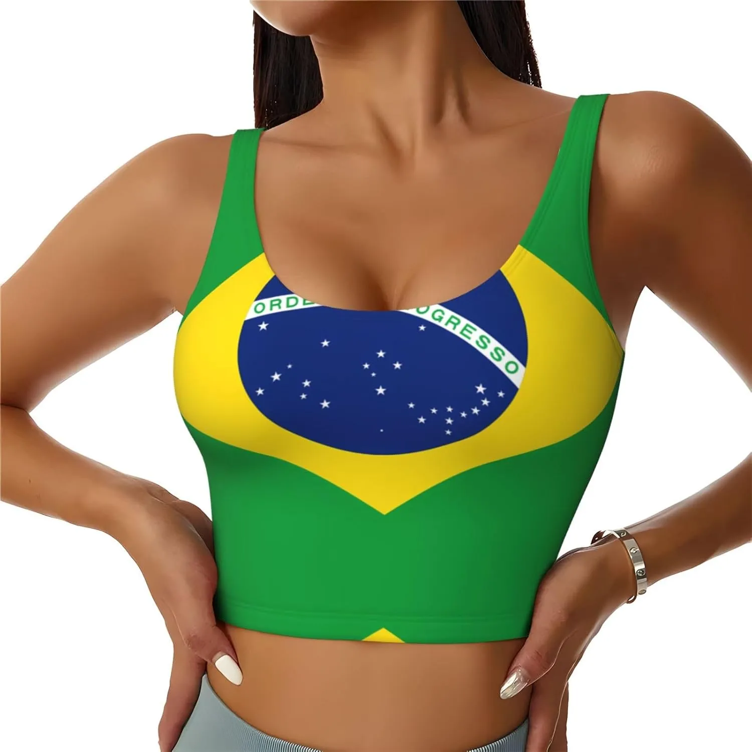 Brazilian Flag Women's Sexy Sports Vest Sleeveless Athletic Gym T-Shirts Vest U-Shaped Back Quick Dry Top