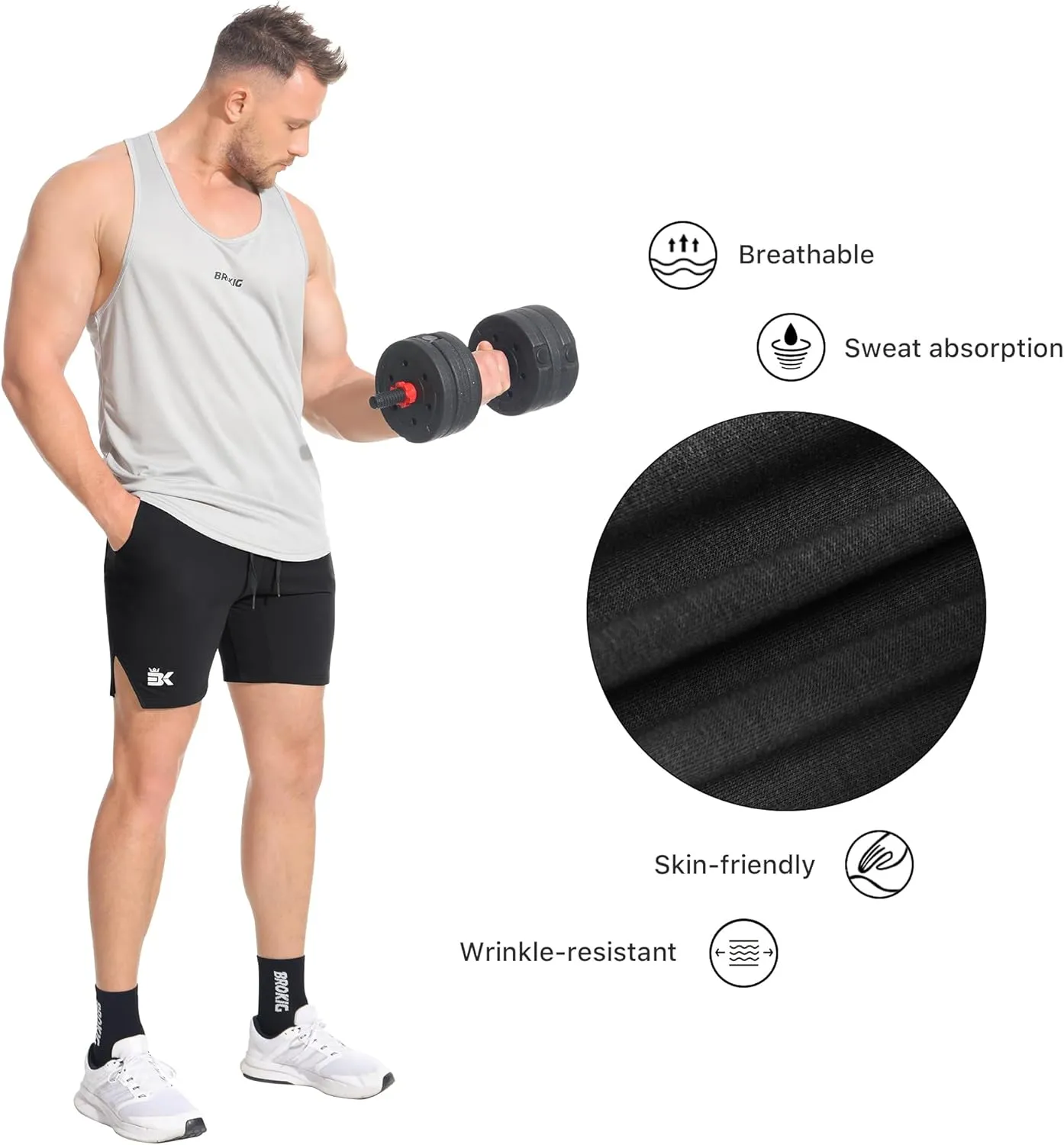 BROKIG Men's Airstretch Gym Shorts,5 Inch Slim Fit Running Exercise Athletic Workout Shorts for Men with Zipper Pockets