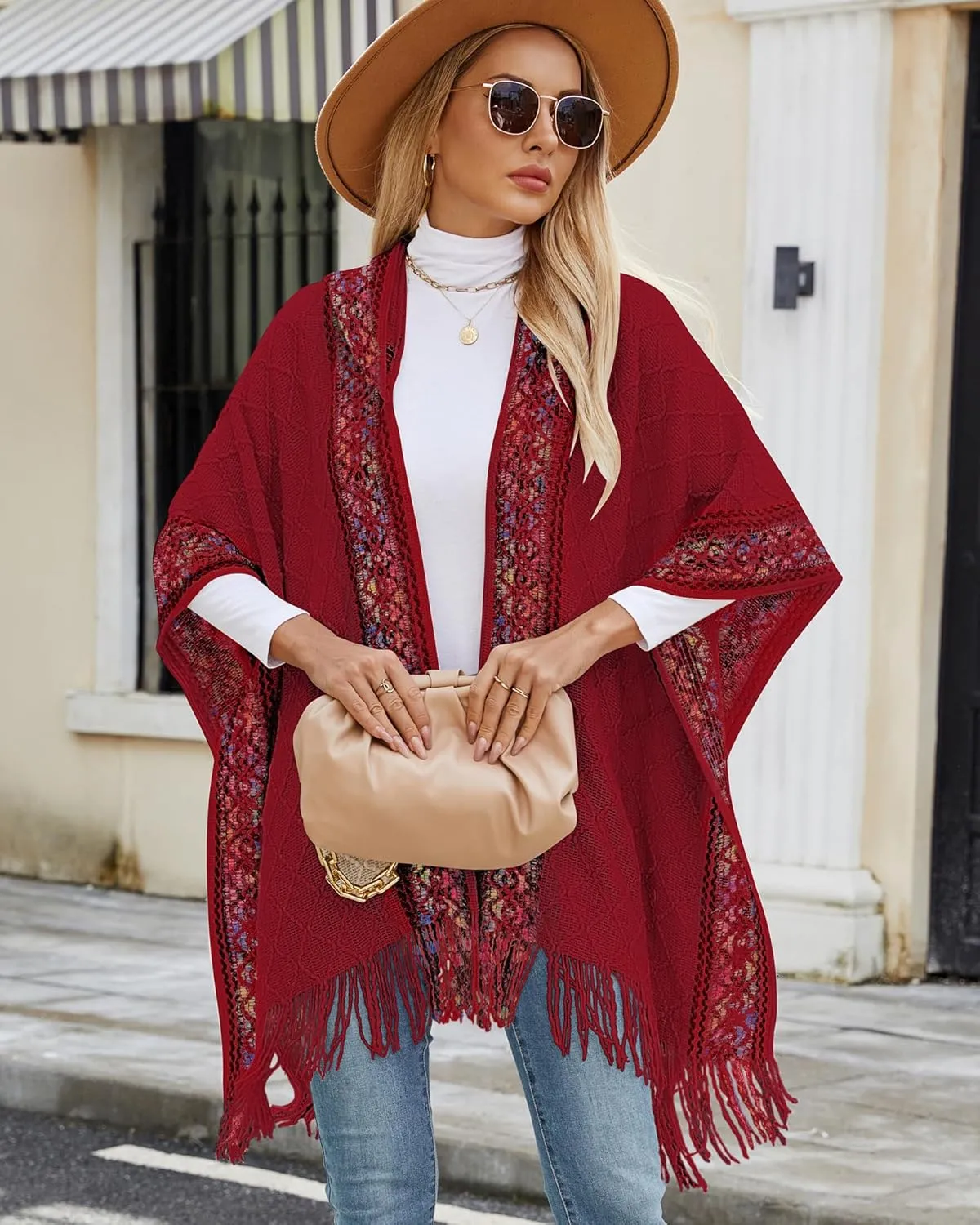 Bsubseach Knit Shawl Wraps for Women Soft Fringe Poncho Sweater Cape with Hooded for Fall Winter
