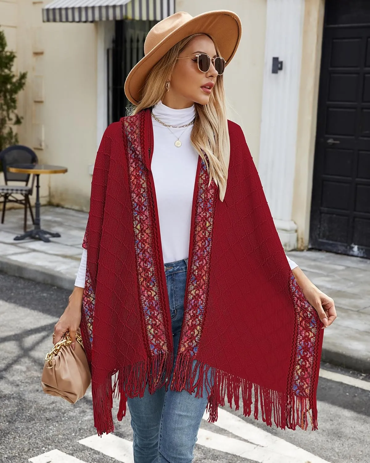 Bsubseach Knit Shawl Wraps for Women Soft Fringe Poncho Sweater Cape with Hooded for Fall Winter