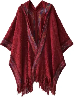 Bsubseach Knit Shawl Wraps for Women Soft Fringe Poncho Sweater Cape with Hooded for Fall Winter