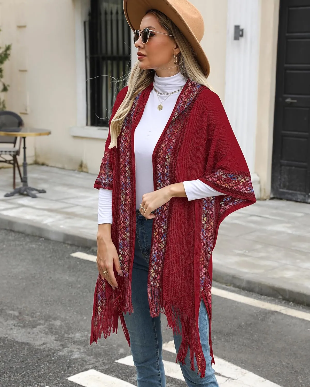 Bsubseach Knit Shawl Wraps for Women Soft Fringe Poncho Sweater Cape with Hooded for Fall Winter