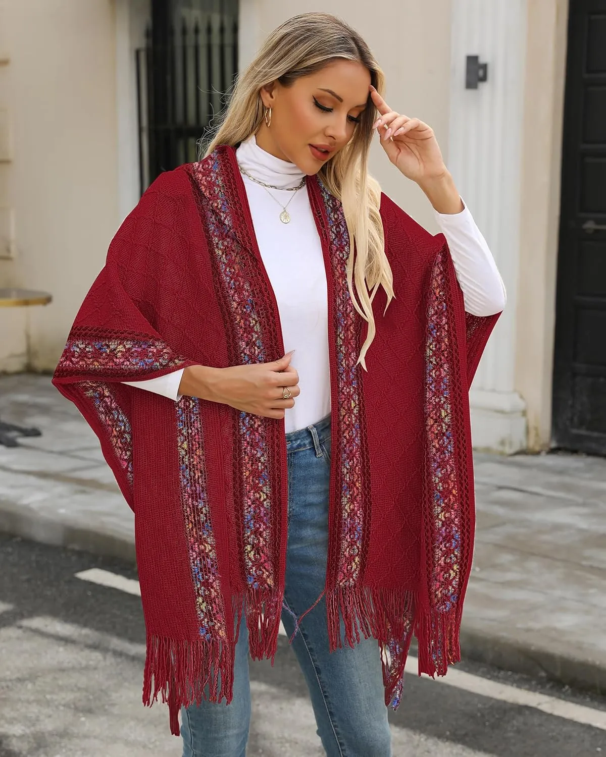 Bsubseach Knit Shawl Wraps for Women Soft Fringe Poncho Sweater Cape with Hooded for Fall Winter