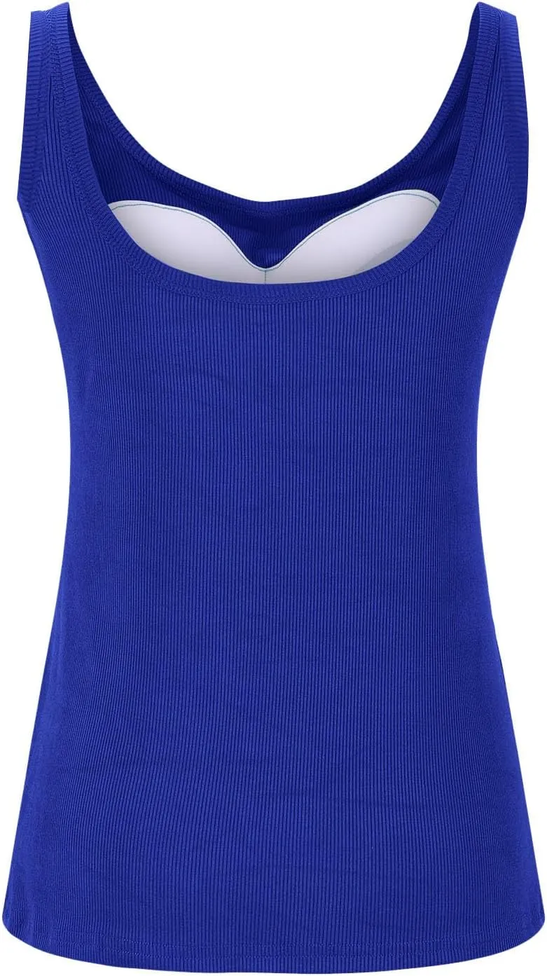 Built in Bra Tank Tops for Women 2024 Summer Casual Ribbed Knit Camisole U Neck Sleeveless Padded Workout Tops