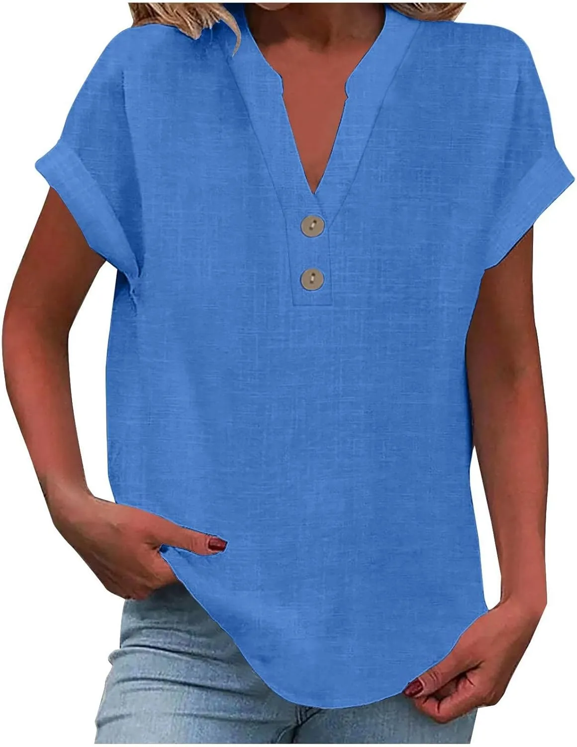 Button Down Linen Shirt for Women V Neck Short Sleeve Summer Tshirt Loose Fit Lightweight Casual Plus Size Tunic Tops