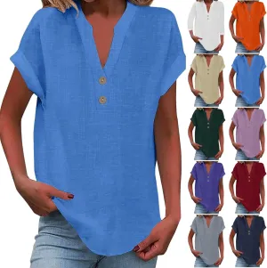 Button Down Linen Shirt for Women V Neck Short Sleeve Summer Tshirt Loose Fit Lightweight Casual Plus Size Tunic Tops