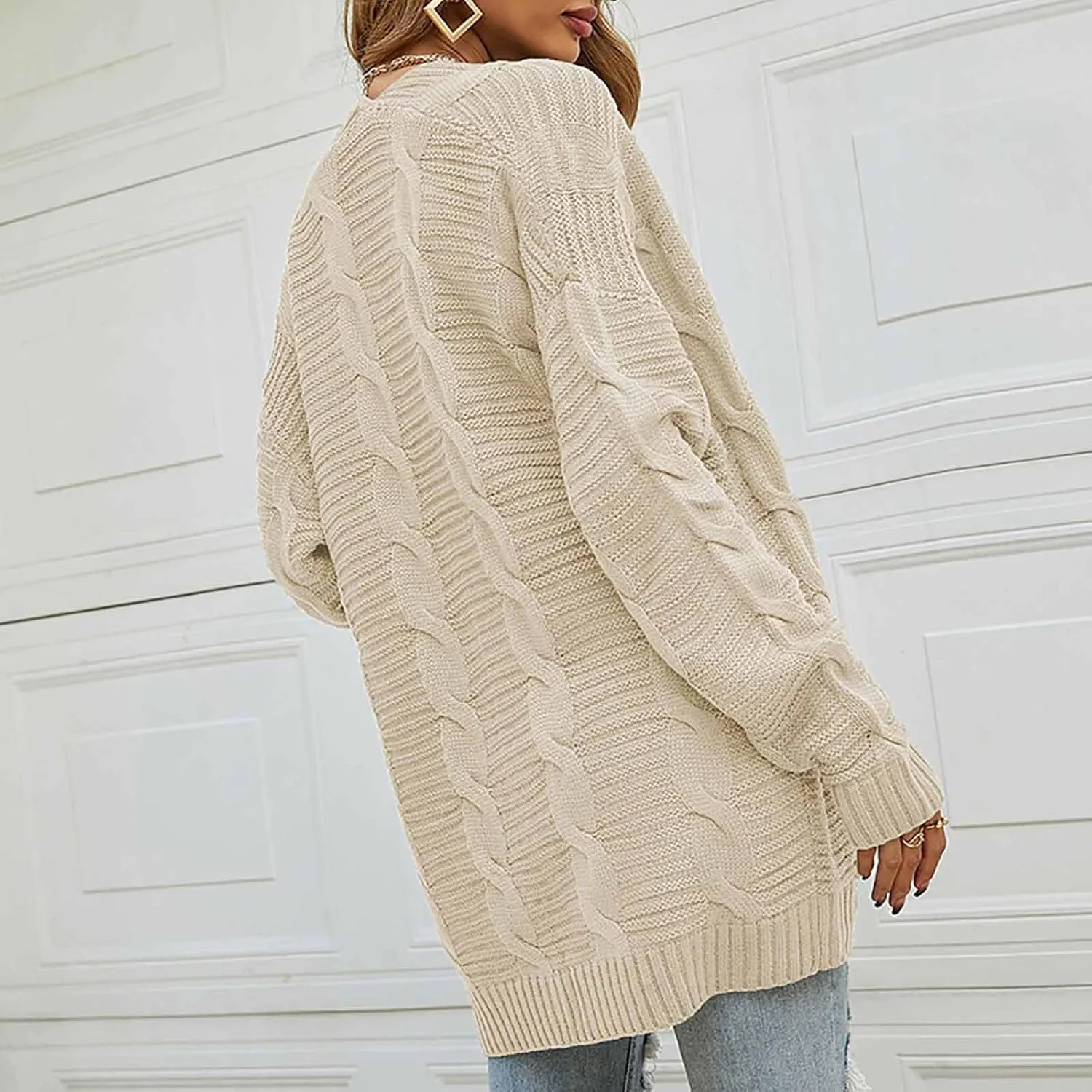 Cable Knit Cardigan Women Oversized Long Sleeve Chunky Sweater Lightweight Open Front Cardigan with Pockets
