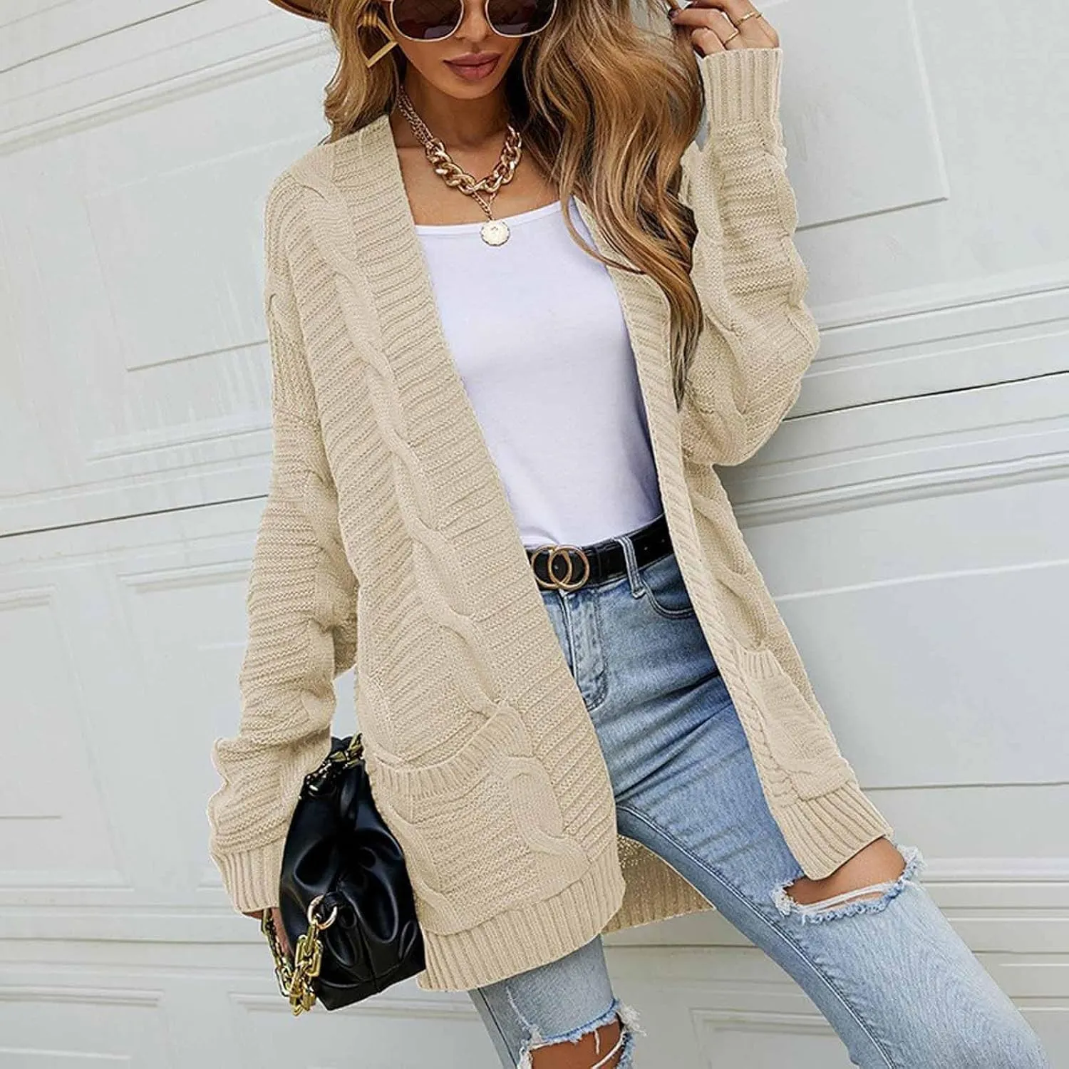 Cable Knit Cardigan Women Oversized Long Sleeve Chunky Sweater Lightweight Open Front Cardigan with Pockets