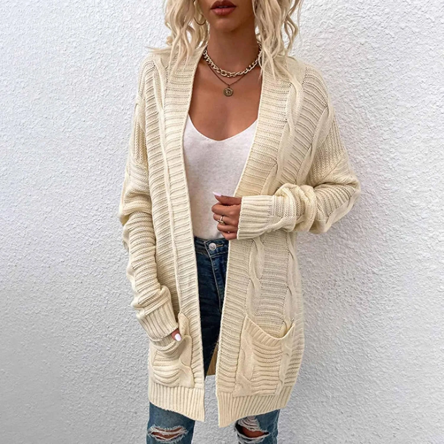 Cable Knit Cardigan Women Oversized Long Sleeve Chunky Sweater Lightweight Open Front Cardigan with Pockets
