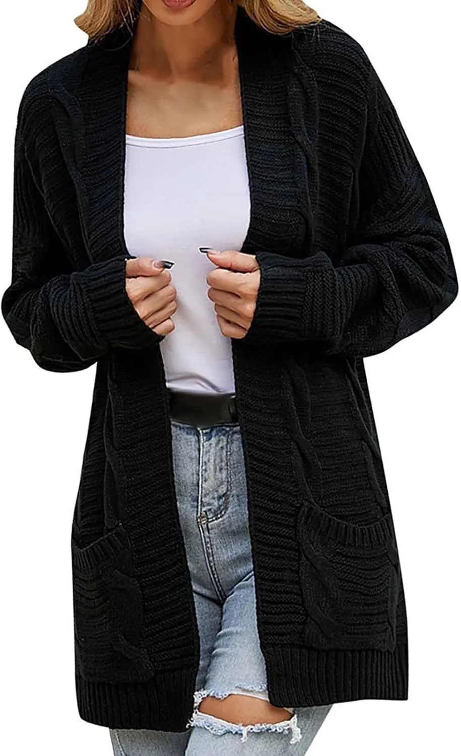 Cable Knit Cardigan Women Oversized Long Sleeve Chunky Sweater Lightweight Open Front Cardigan with Pockets