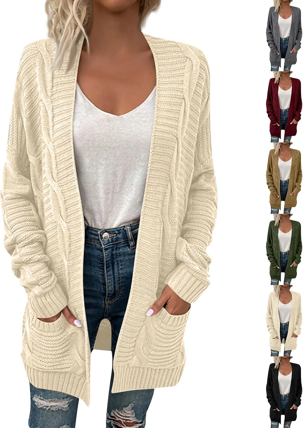 Cable Knit Cardigan Women Oversized Long Sleeve Chunky Sweater Lightweight Open Front Cardigan with Pockets