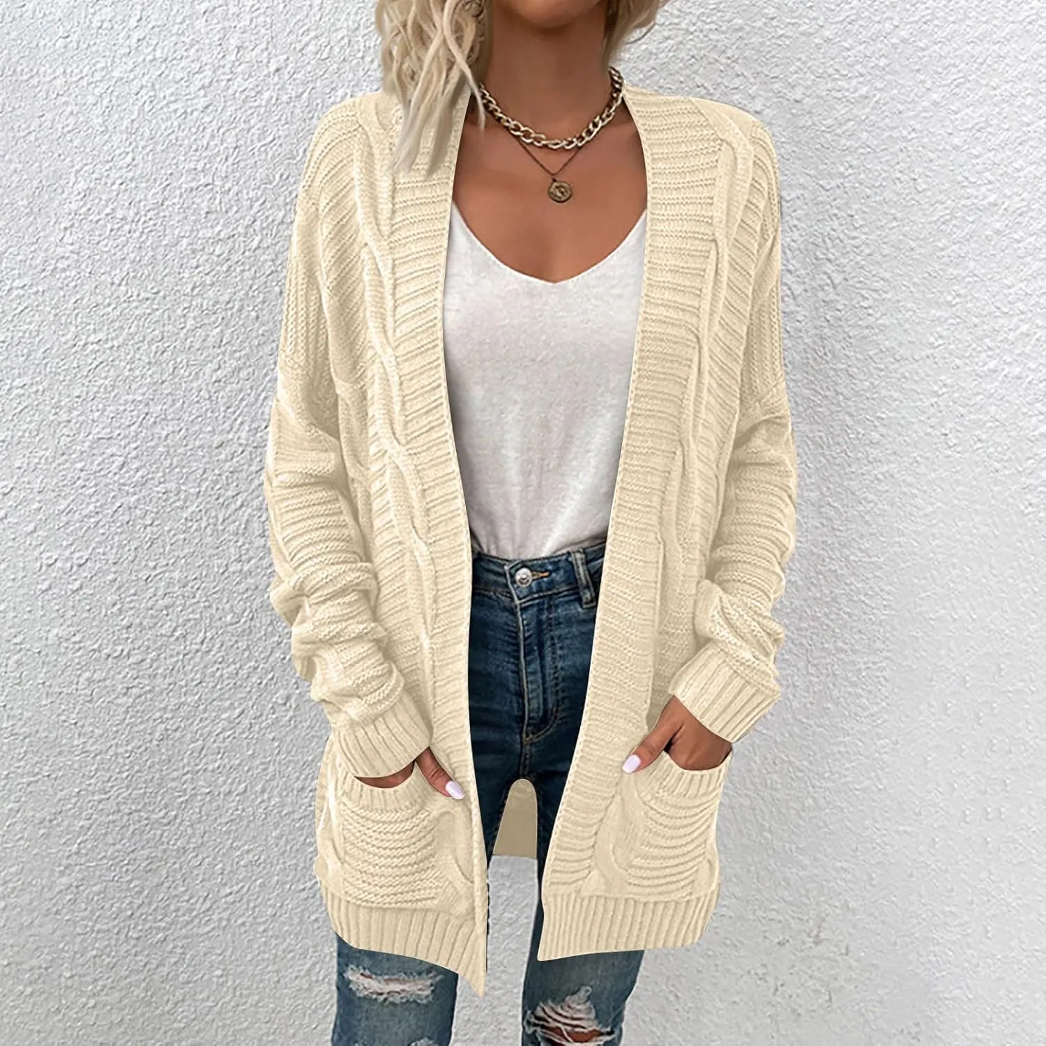 Cable Knit Cardigan Women Oversized Long Sleeve Chunky Sweater Lightweight Open Front Cardigan with Pockets