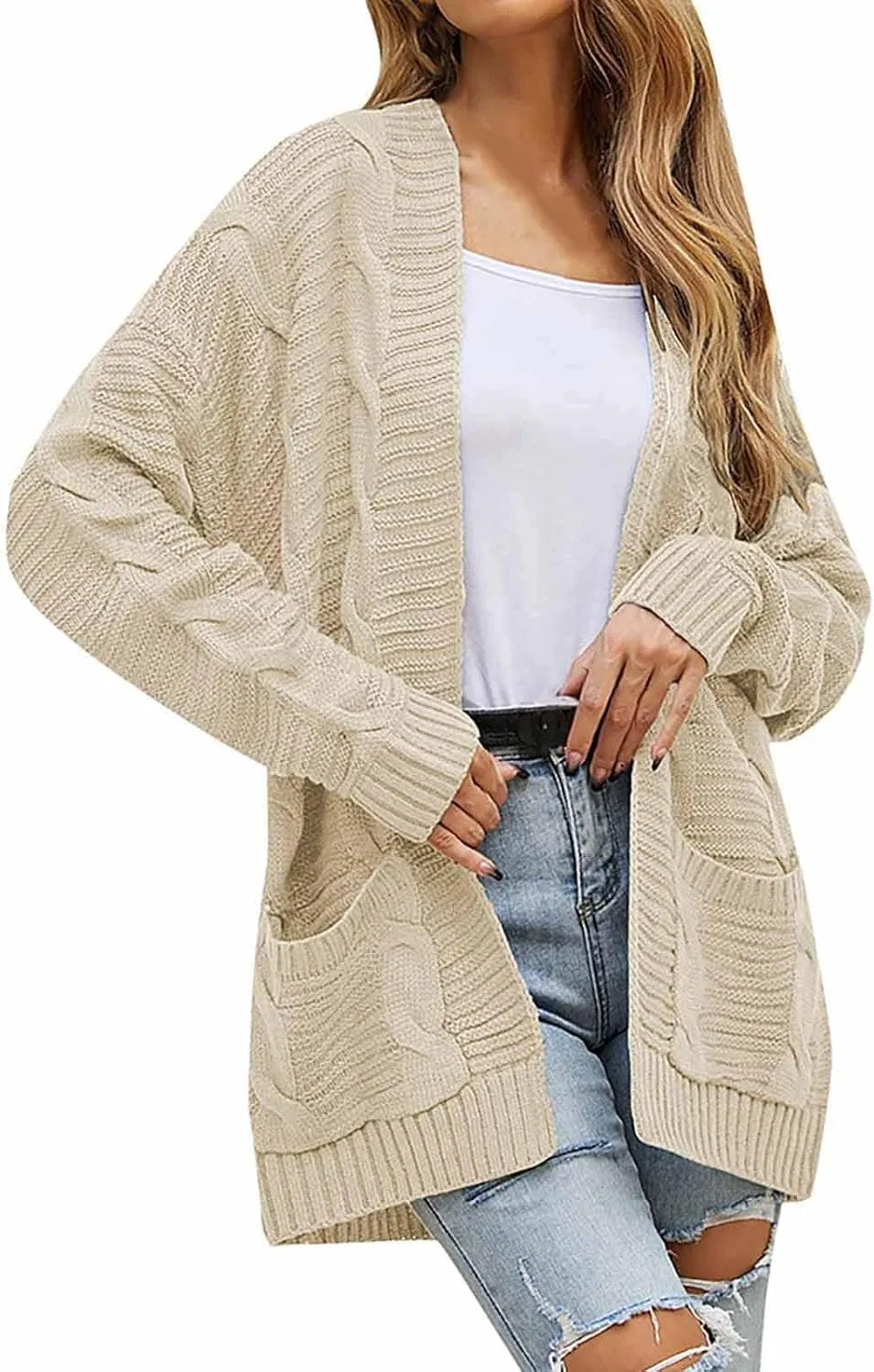 Cable Knit Cardigan Women Oversized Long Sleeve Chunky Sweater Lightweight Open Front Cardigan with Pockets
