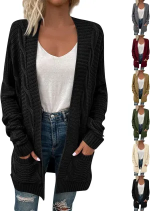 Cable Knit Cardigan Women Oversized Long Sleeve Chunky Sweater Lightweight Open Front Cardigan with Pockets