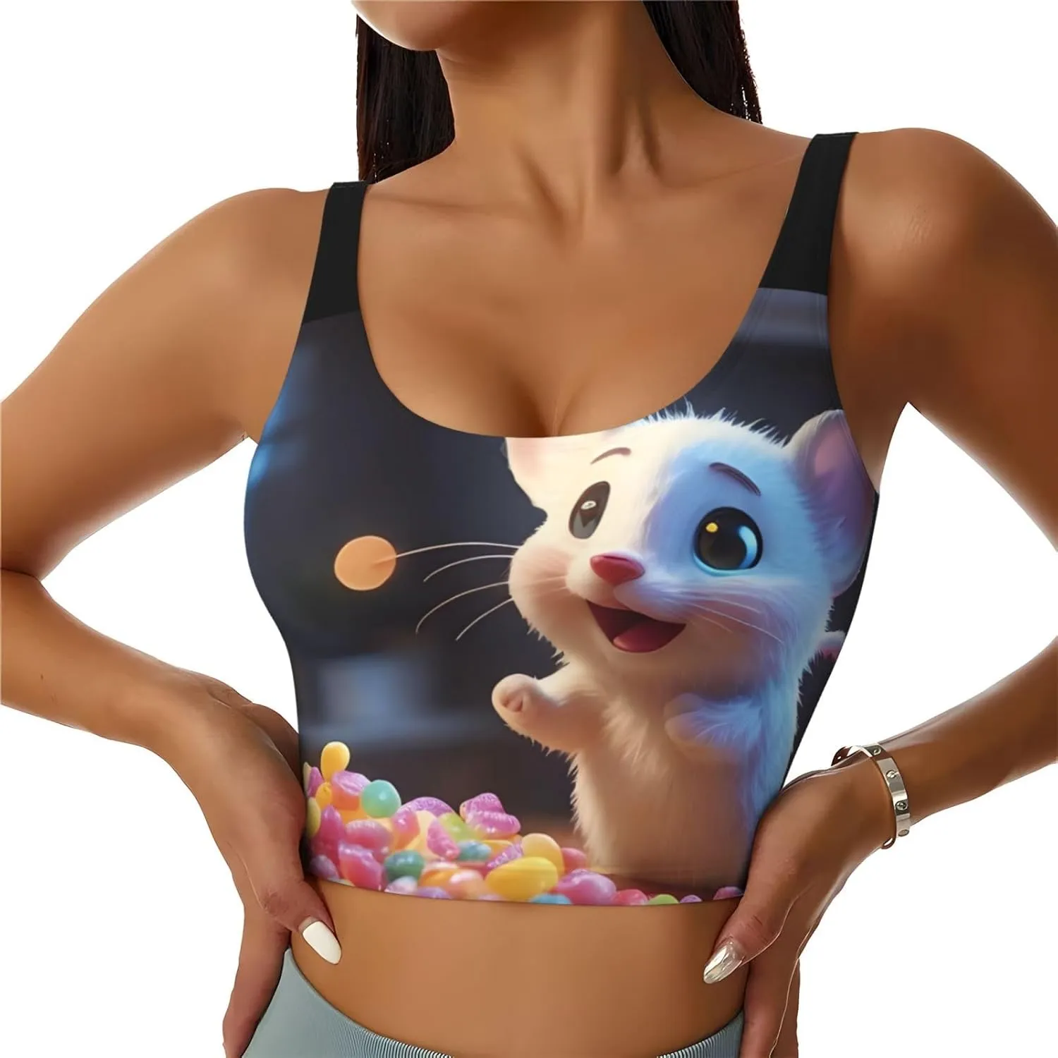 Candy Eating Mouse Women's Sexy Sports Vest Sleeveless Athletic Gym T-Shirts Vest U-Shaped Back Quick Dry Top