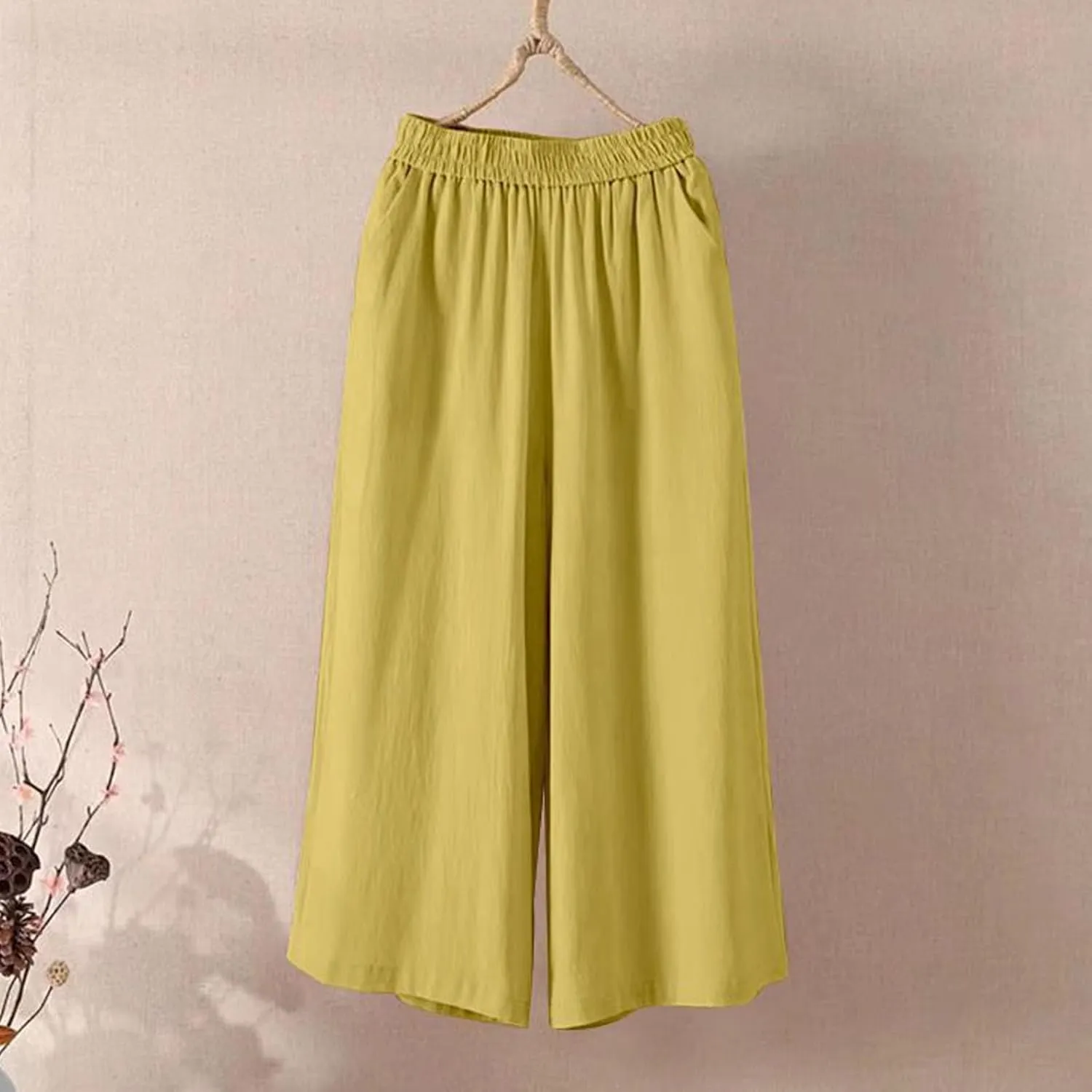 Capri Pants for Women Cotton Linen Summer Pants Wide Leg Pants Elastic Waist Pants Cropped Trouser with Pockets