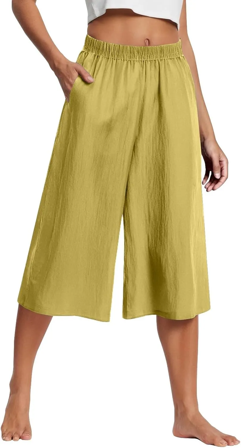 Capri Pants for Women Cotton Linen Summer Pants Wide Leg Pants Elastic Waist Pants Cropped Trouser with Pockets