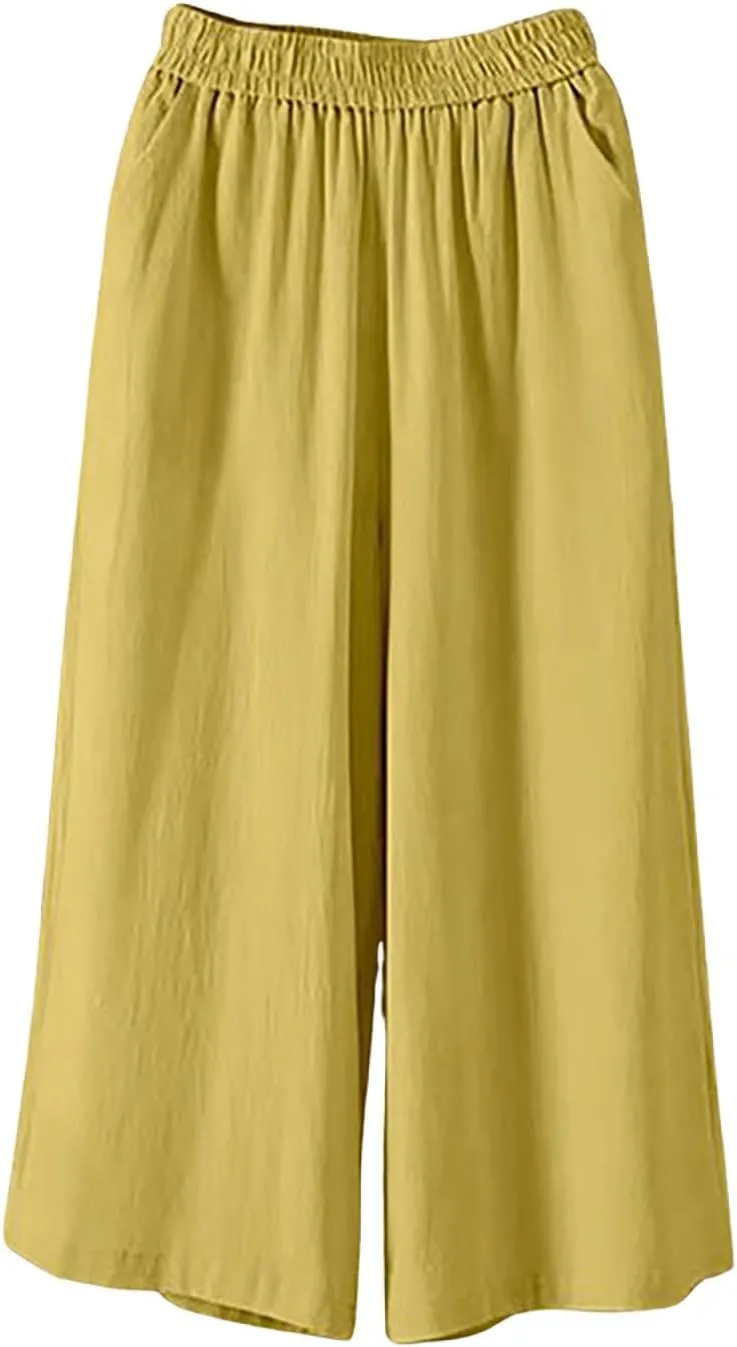 Capri Pants for Women Cotton Linen Summer Pants Wide Leg Pants Elastic Waist Pants Cropped Trouser with Pockets